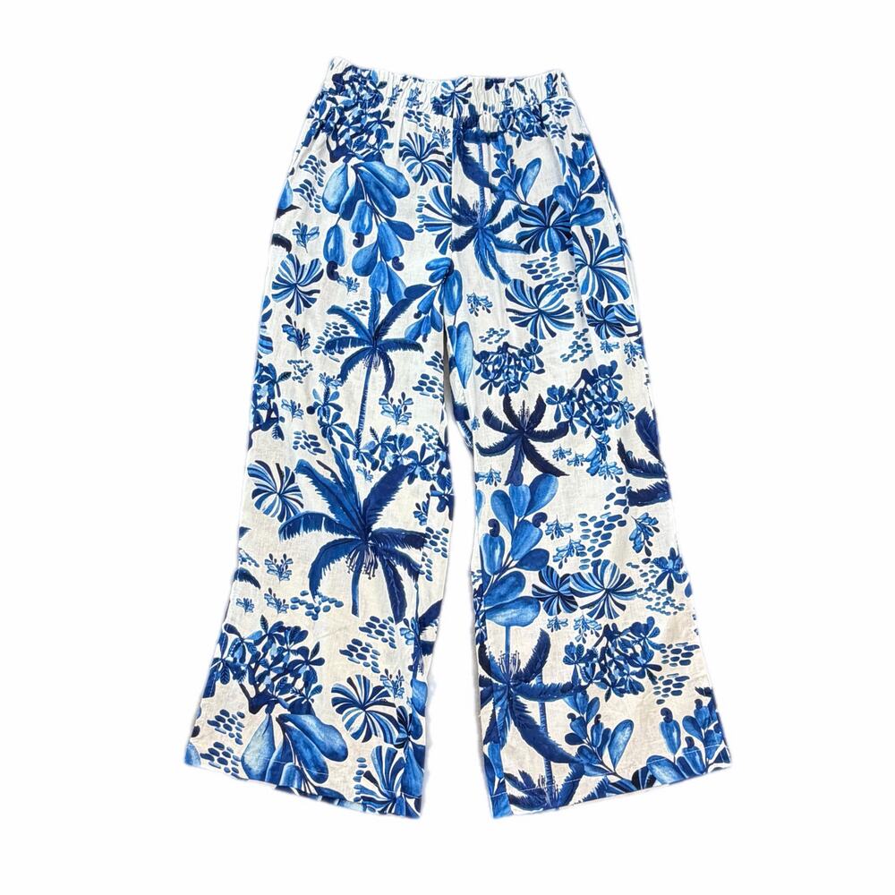 Panama Jack Blue White Tropical Linen Blend Wide Leg Pull On Pockets Pants